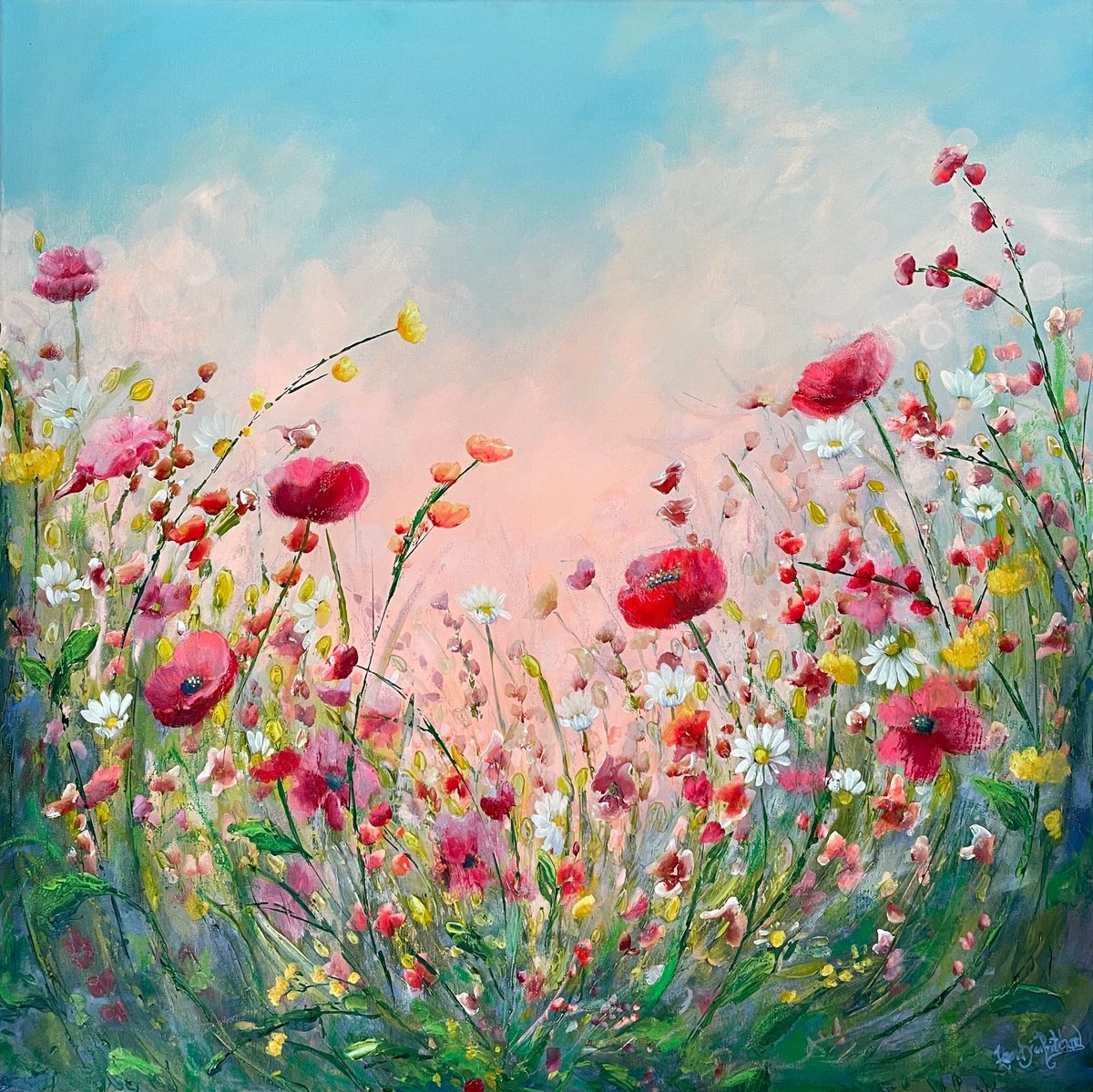 Expressive Botanical Acrylic Painting By Emma Sian Pritchard, 30 X 30, Red Sky In The Morning.., Original Artwork