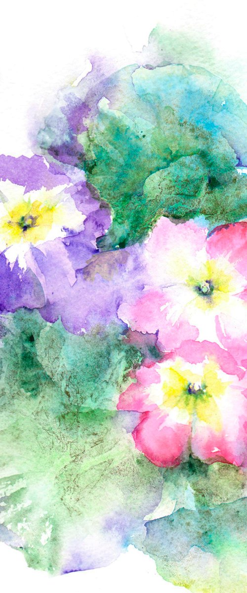 Primroses and bee original watercolour painting by Anjana Cawdell