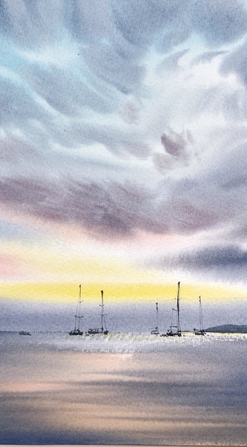 Yachts at sea at dawn by Eugenia Gorbacheva