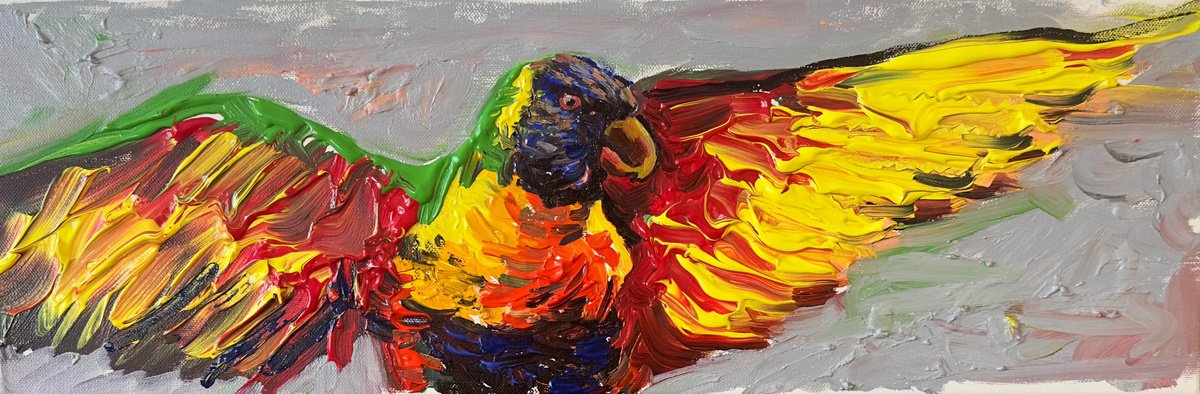 Expressive Animal Acrylic Painting By Nikola Gulev, 24 X 8", "Fiery Flight", Original Artwork