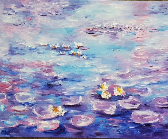 Water Lilies  (81x 66 cm ) inspired by Claude Monet  sunrise in a garden in purple, turquoise, blue sky