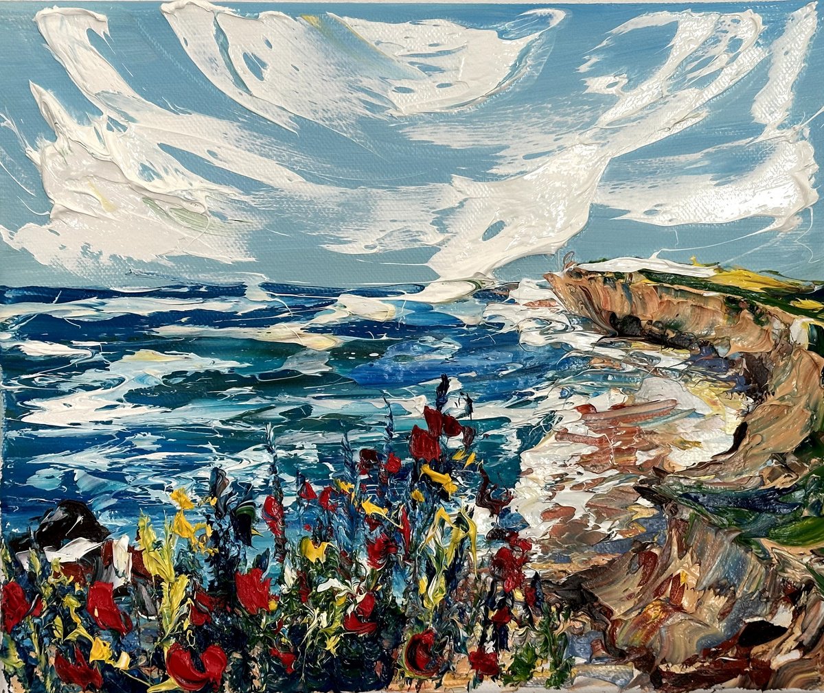 Impressionistic Landscape Oil Painting By Oksana Fedorova, 12 X 10", Coast Seascape And Flowers, Original Artwork