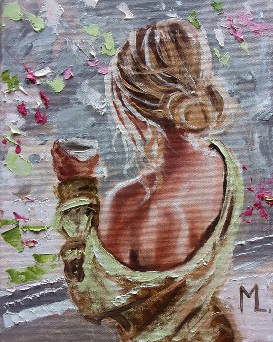 " SPRING COFFEE "   liGHt  ORIGINAL OIL PAINTING, GIFT, PALETTE KNIFE