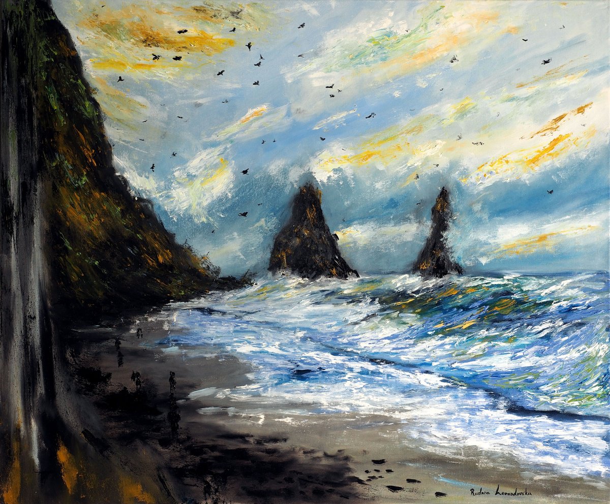 Impressionistic Landscape Oil Painting By Ruslana Levandovska, 36 X 30", Seascape At Blacksand Beach, Iceland, Original Artwork