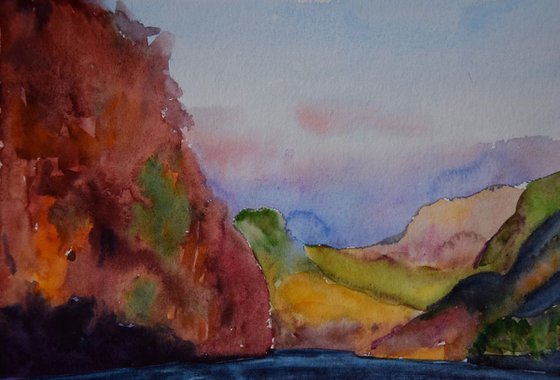 Norwegian original watercolor painting Winter mountains in Norway, snowy fjords in sunset