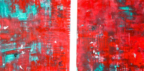 Red and turquoise cold wax 3 by Laura Spring