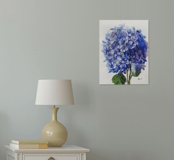 Blue hydrangea bouquet. Botanical painting