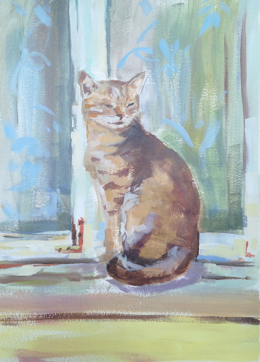 Cat by the window (acrylic on paper painting) (11x15x0.1’’) by Alexander Koltakov