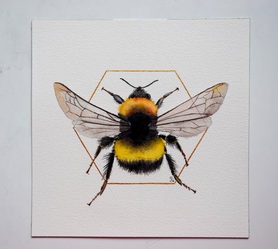 Bee Painting, Bumblebee Wall Art, Bee Original Watercolor Painting, Square Art