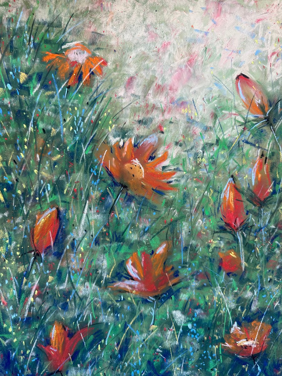 Impressionistic Botanical Pastel Drawing By Irina Anis, 12 X 16, Red Flowers In A Green Field, Original Artwork