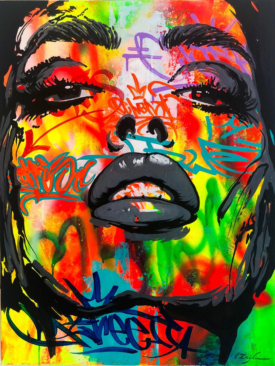 Urban And Pop Portrait Acrylic Painting By Viacheslav Zaykin, 24 X 31", Tenderness.| Graffiti Pop Art Portrait, Original Artwork