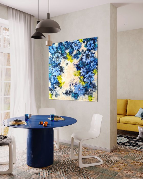"Ultramarine Floral Harmony", XXL abstract flower painting