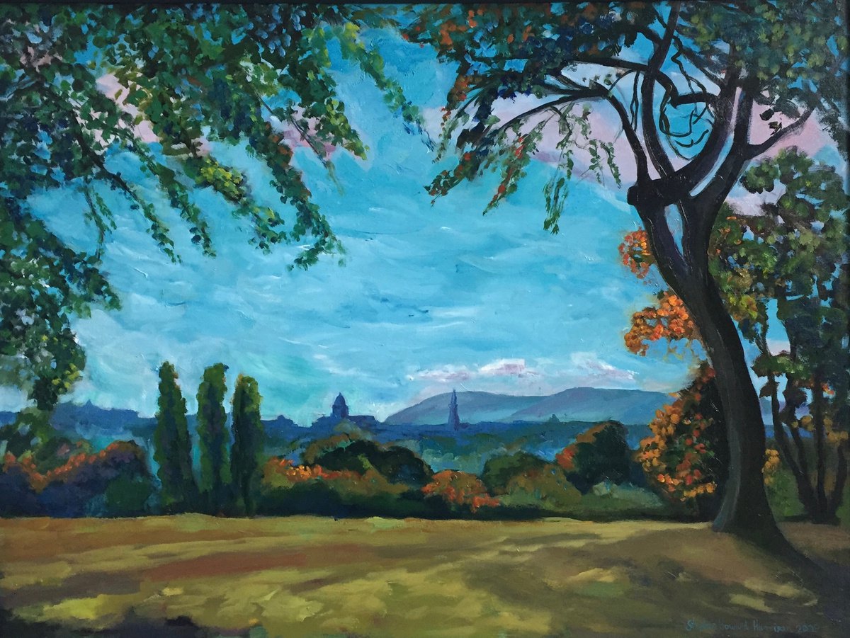 Impressionistic Landscape Oil Painting By Stephen Howard Harrison, 33 X 25", Edinburgh Skyline, High Summer, Original Artwork