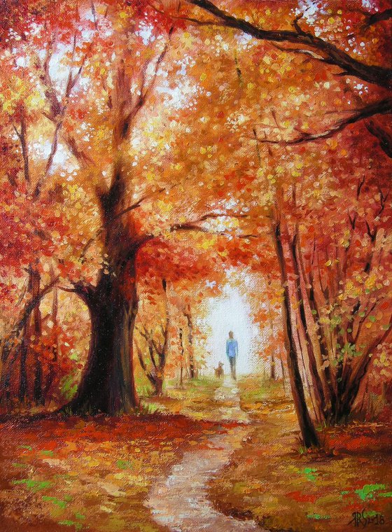 THE AUTUMN WALK WITH FOUR-LEGGED FRIEND (Impressionistic palette knife oil painting nature landscape fall autumn forest path)