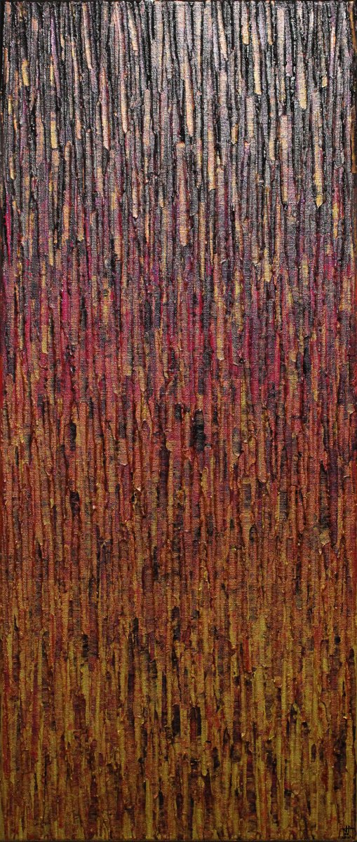 Abstract Acrylic Painting By Jonathan Pradillon, 12 X 28, Iri Red Orange Gold Matrix, Original Artwork