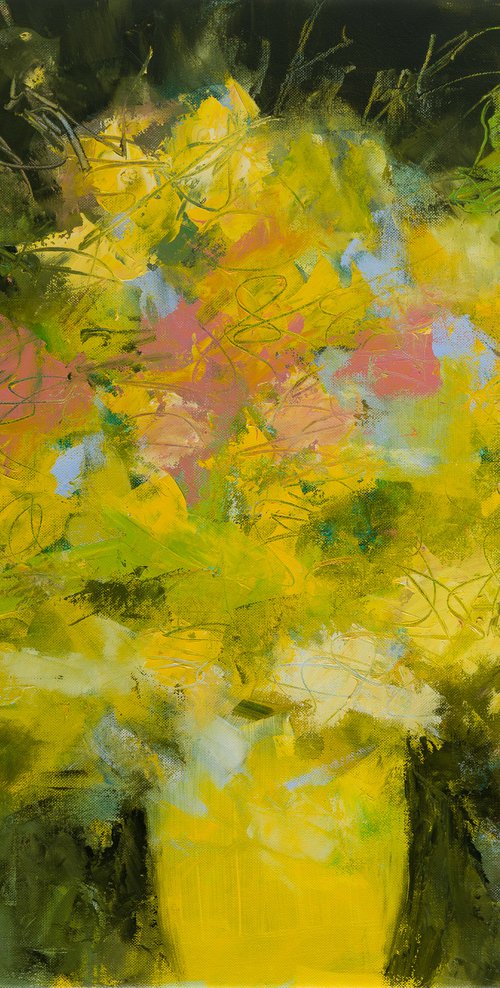 "Yellow bouquet" - Still life Oil painting knife palette - floral - flower - Modern Contemporary Gestural decorative original - home interior design by Fabienne Monestier