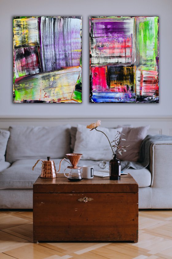 "You Pretty Things" - Original PMS Abstract Acrylic Painting Diptych On Canvas - 48" x 30"