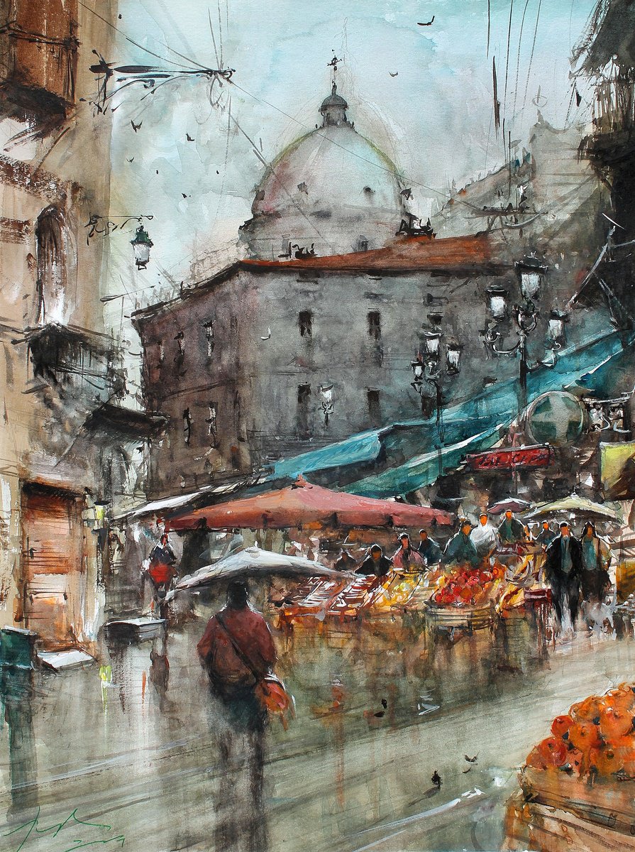 Impressionistic Cityscapes Watercolour By Maximo Damico, 15 X 20", Autumn In Palermo, Original Artwork