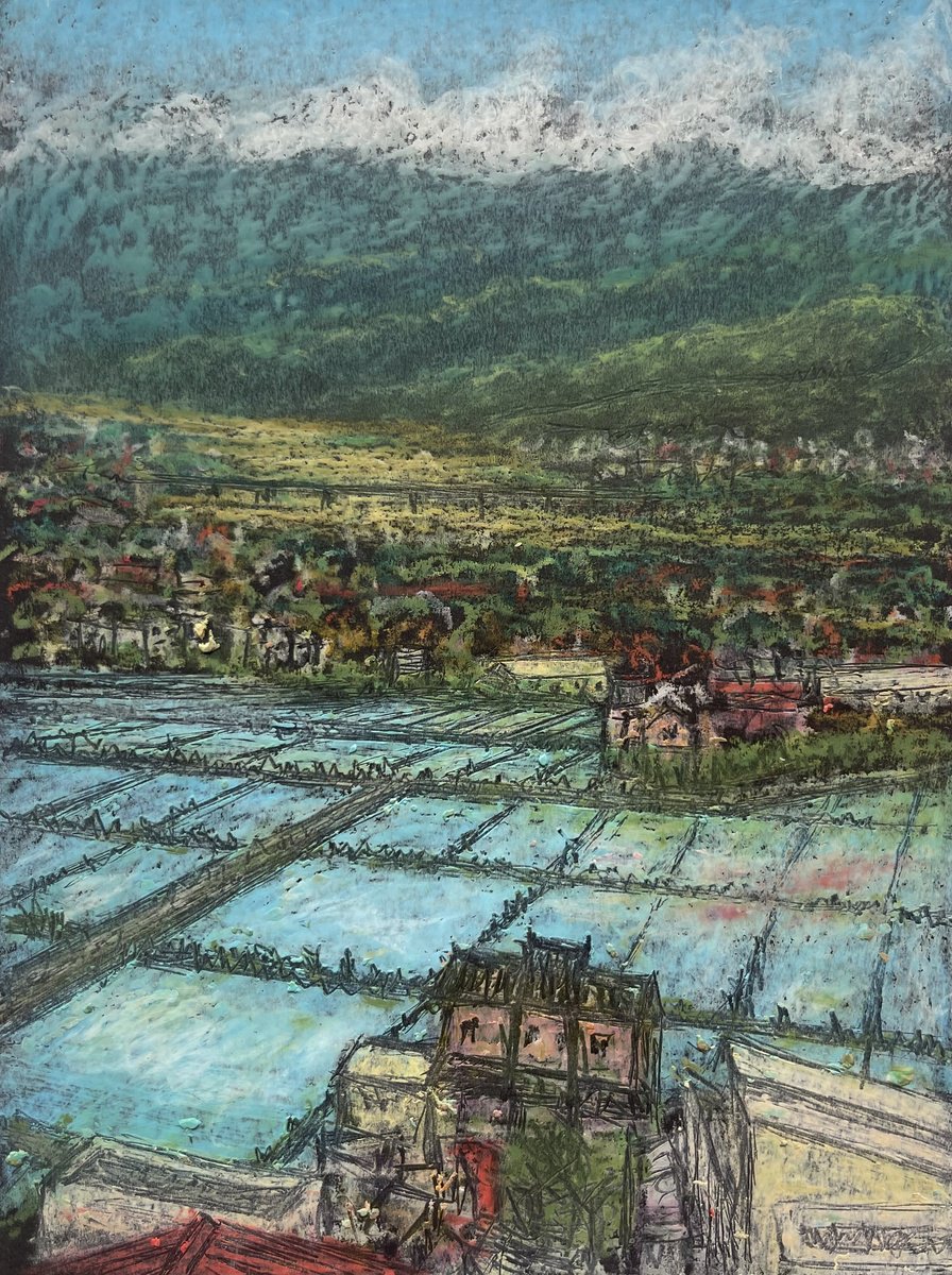Impressionistic Landscape Pastel Drawing By David Lloyd, 6 X 8, Water Filled Fields, Erjie Yilan, Original Artwork