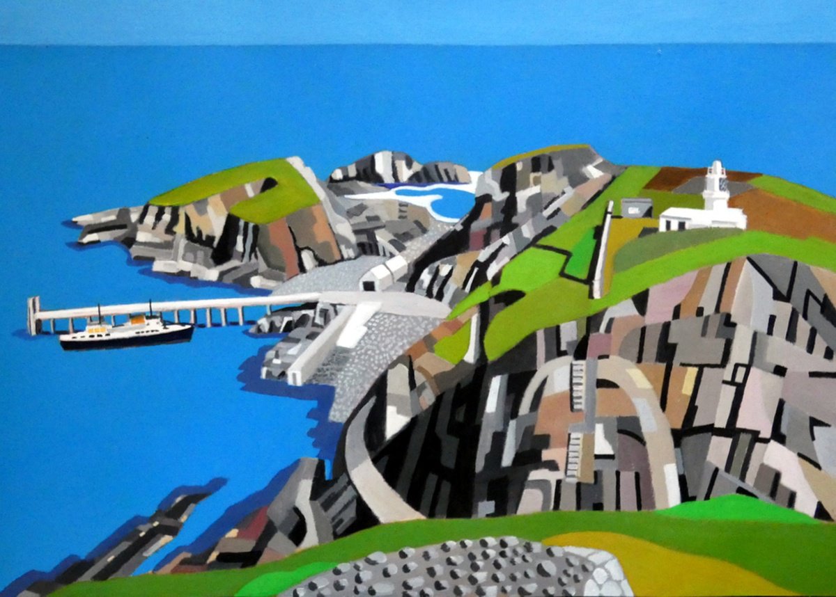 Landscape Acrylic Painting By Tim Treagust, 17 X 12", Harbour View, Lundy Island, Original Artwork