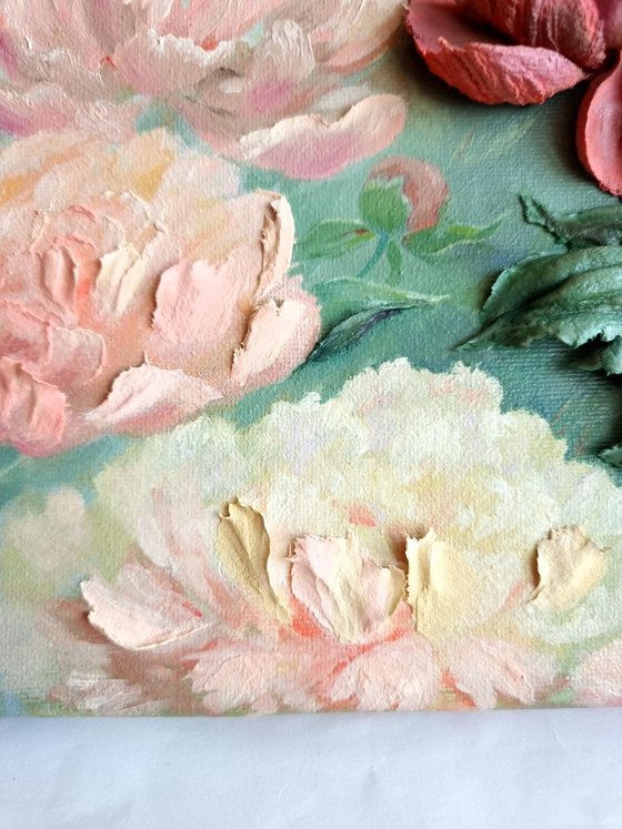 Flower painting with dancing peonies in the garden. Ladies' choice dance. 3d relief red and pink-cream petals.