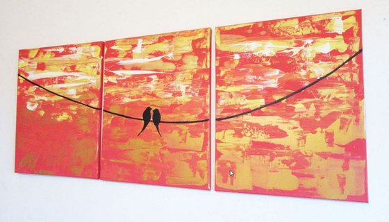love birds original abstract landscape "Sitting in the sunshine" painting art canvas - 54 x 24 inches romance orange yellow gold