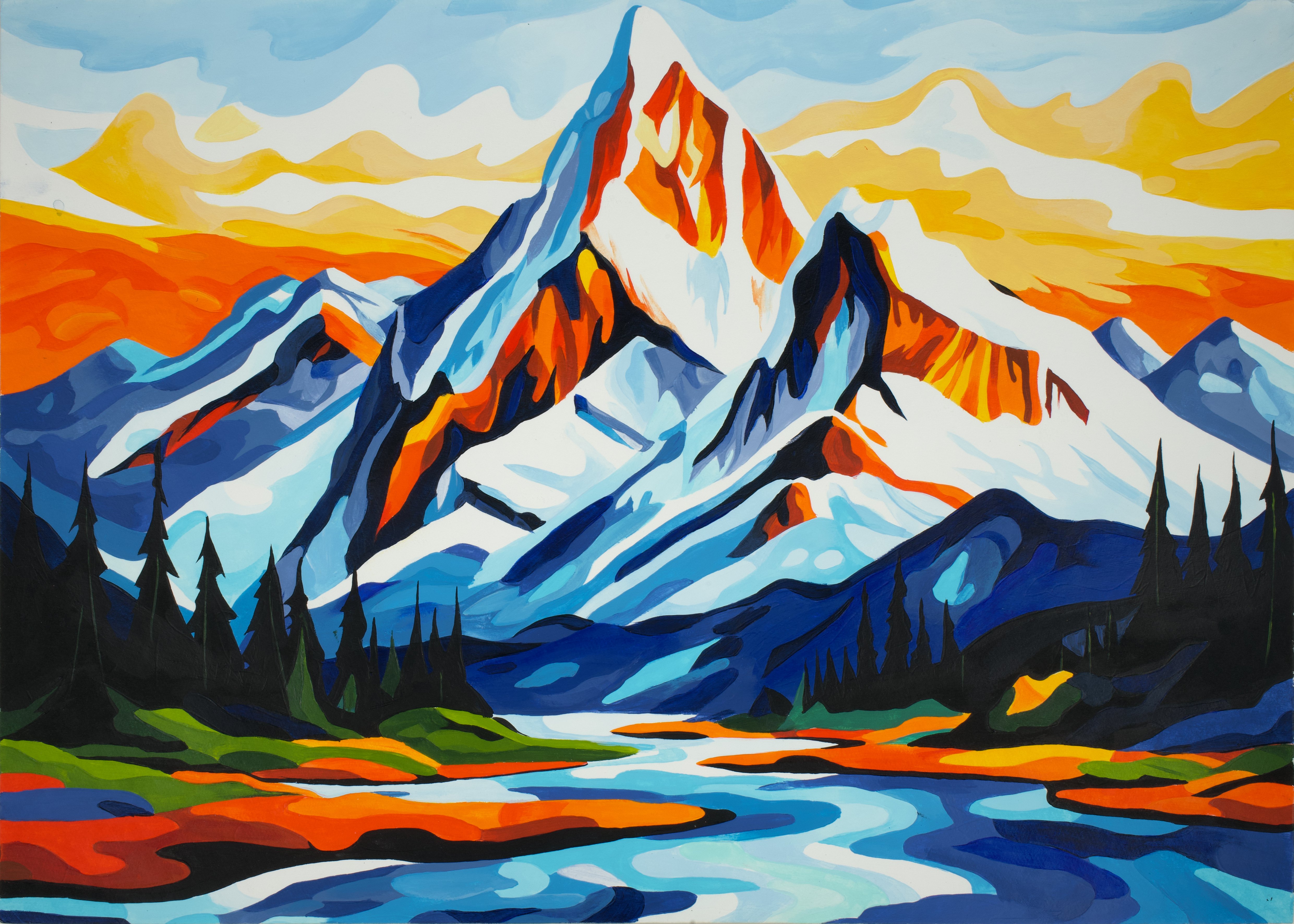 Illustrative Landscape Acrylic Painting By Kosta Morr, 17 X 12", Sunset In The Mountains, Original Artwork