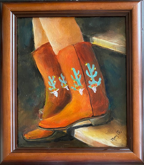 One of a Kind Cowgirl Green Blue Boots Original Oil Painting 8x10 Brown Frame