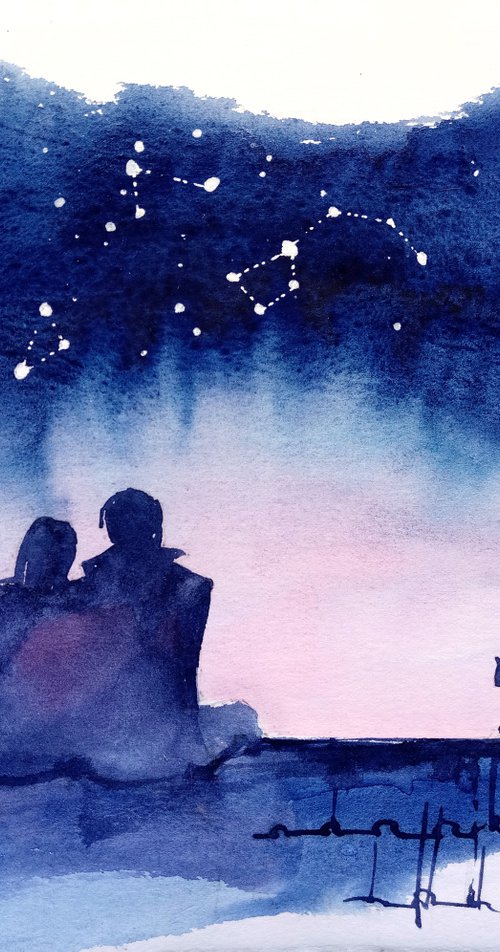 Romantic urban scene "Date on the roof" original watercolor painting by Ksenia Selianko