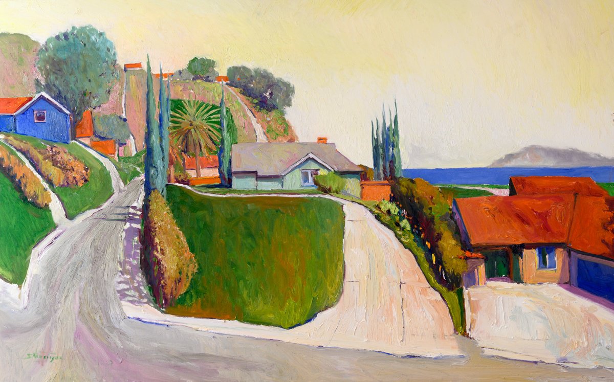 Expressive Landscape Oil Painting By Suren Nersisyan, 48 X 30", Driveways, California, Original Artwork