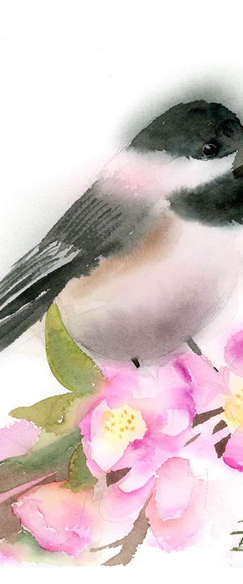 Chickadee with pink flower by Olga Tchefranov (Shefranov)