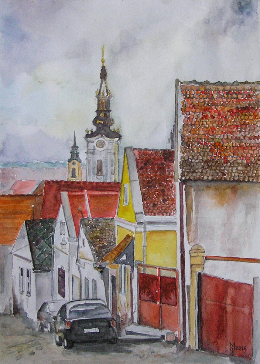 Impressionistic Cityscapes Watercolour By Zoran Mihajlovic Muza, 9 X 13", Street, Original Artwork