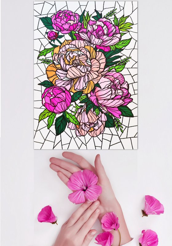 Pink peonies - abstract flowers in stained glass cubism style