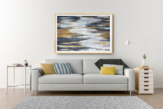 Large Abstract Gray and Gold Painting for Modern Interior Studio Abstract Acrylic Artwork