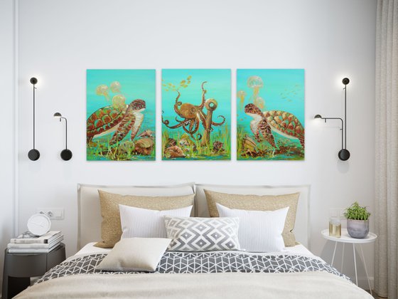 Triptych Sea Turtle, Octopus, Jellyfish Acrylic Painting on Canvas  (61 x 137cm). Sea Life Modern Art. Ocean Original Painting on Canvas.