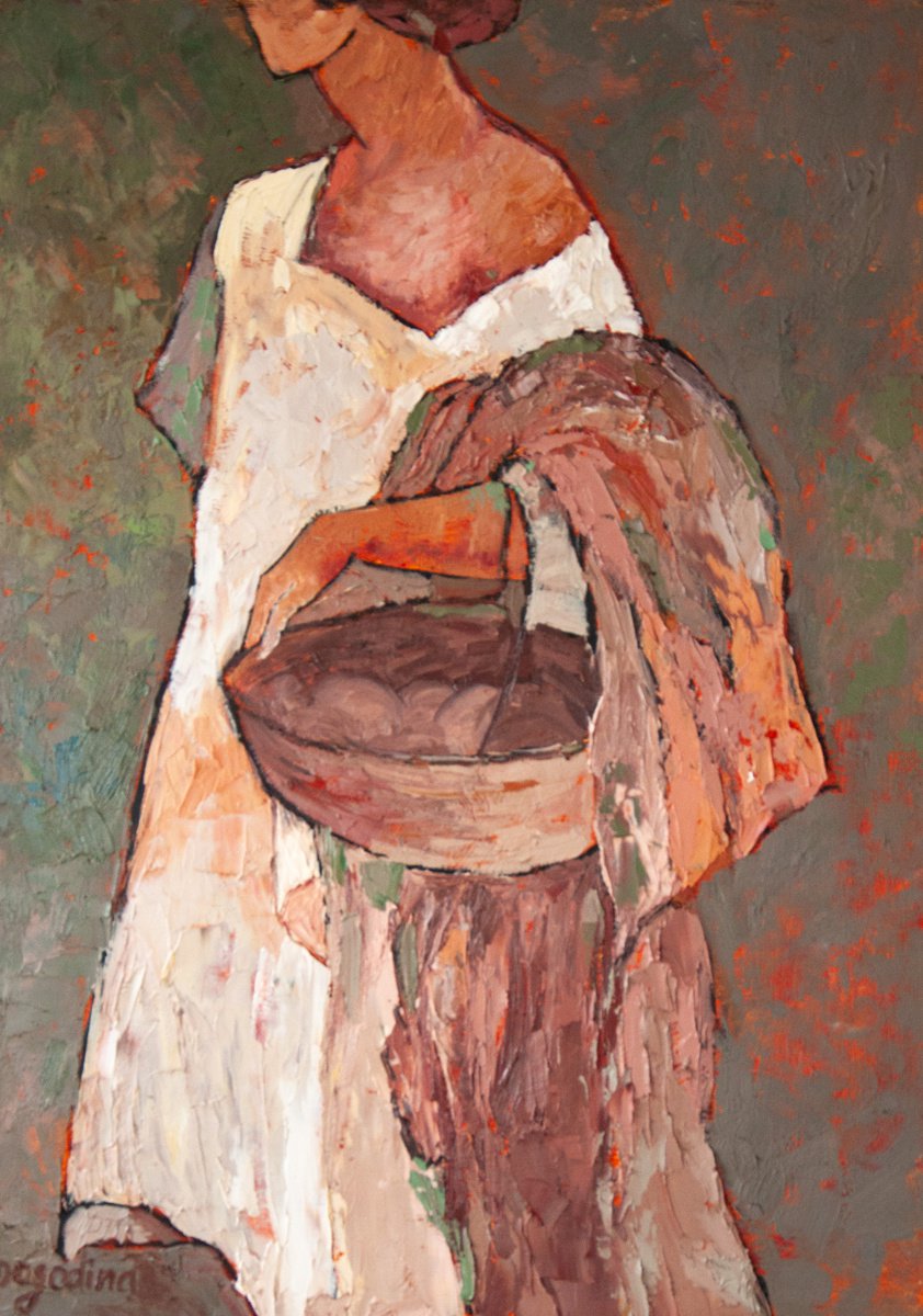 Alone among roses shrubs - Figurative Woman Painting on Canvas by Dasha Pogodina