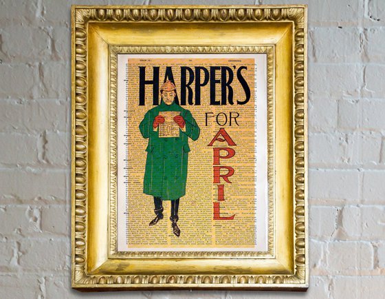 Harpers for April - Collage Art Print on Large Real English Dictionary Vintage Book Page