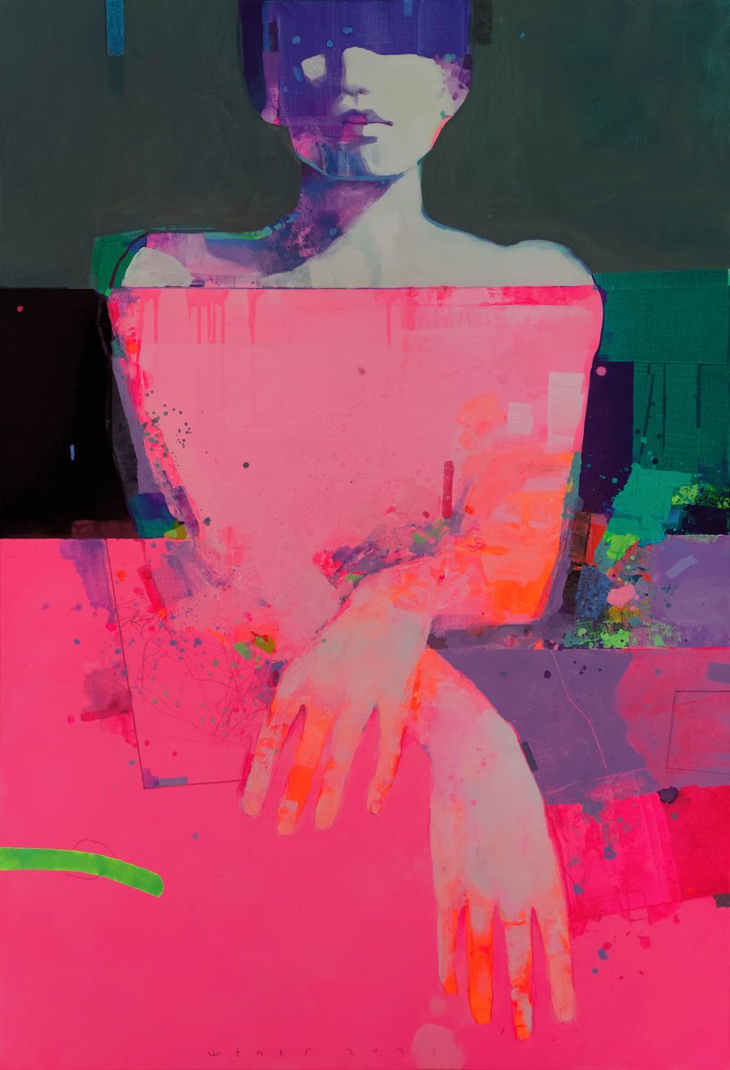 Urban And Pop Portrait Oil Painting By Victor Sheleg, 31 X 47", Hand Movements 2, Original Artwork