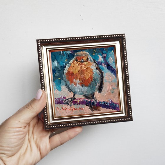 Bird painting original oil for sale, Robin bird art painting, Miniature painting 4x4, Mother's day gift