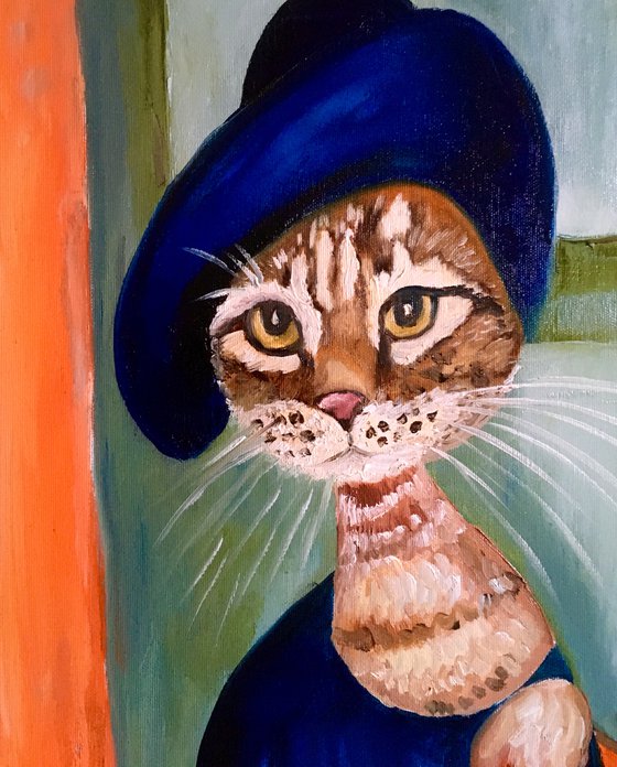 Cat Lady in a hat, Inspired by Amedeo Modigliani portrait Joanne Hebuterne