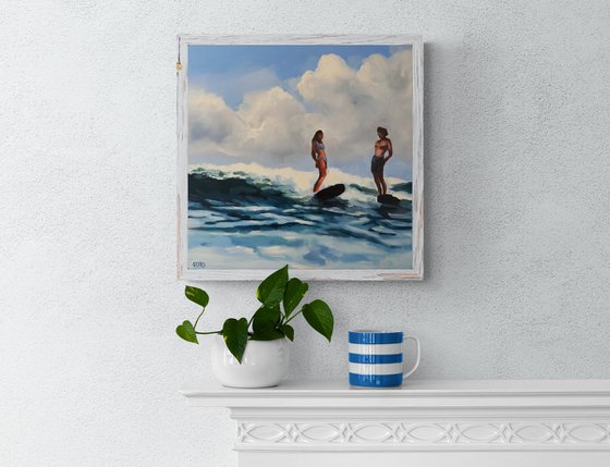 Serfers - Couple Surfing Ocean Wave Seascape Painting