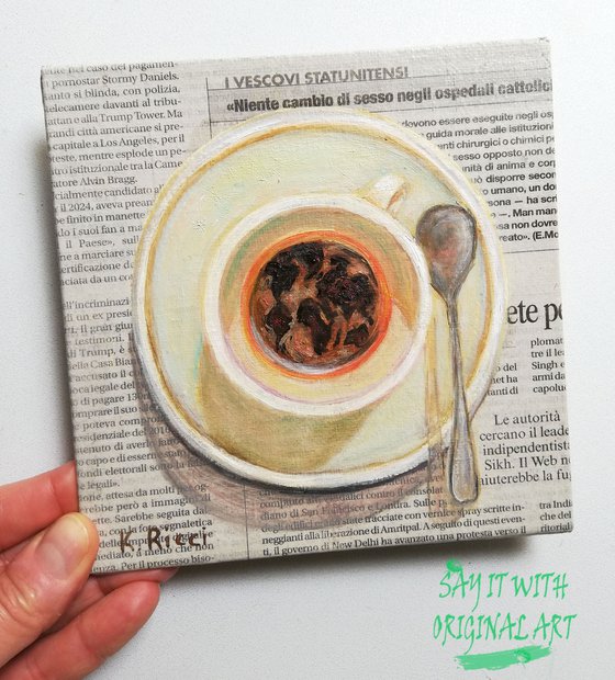 "The Whole World in a Coffee Cup" Original Oil on Newspaper and Canvas Board Painting 6 by 6 inches (15x15 cm)