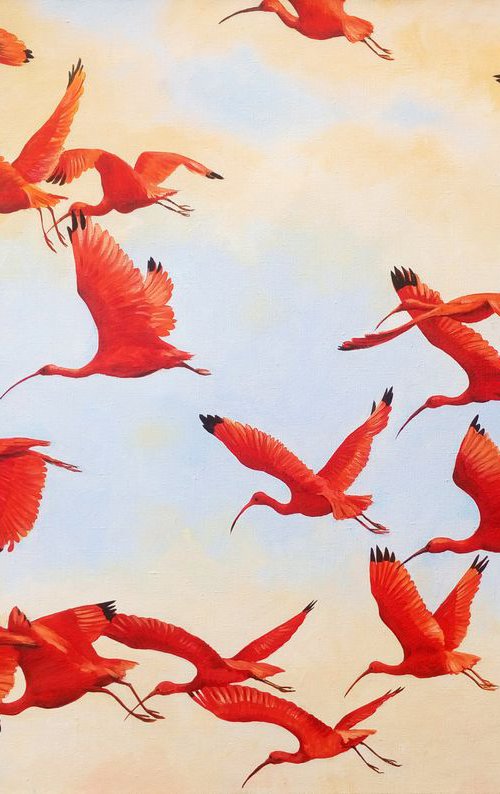 RESERVED  -Flying Scarlet Ibis by Olga Beliaeva Watercolour