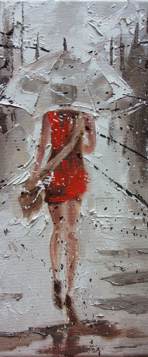 " RAINY "   street spring summer original painting CITY palette knife GIFT by Monika Luniak