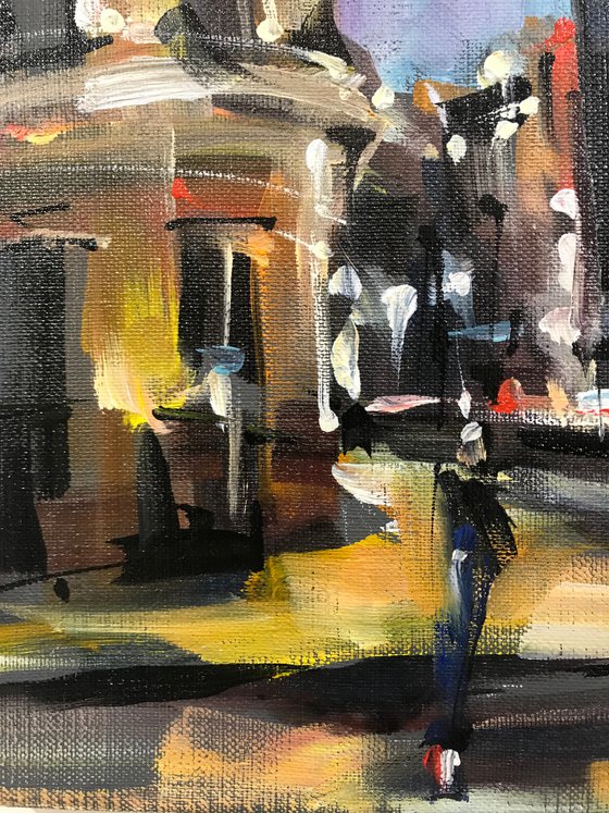 Walk around the city at night.Original oil painting, Handmade artwork.