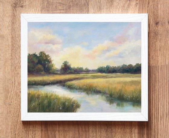 River at sunrise in soft tones