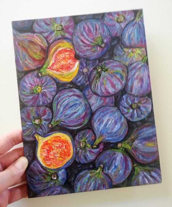 "Figs on Black Surface" Original Oil on Canvas Board Fruit Painting 7 by 10" (18x24cm)