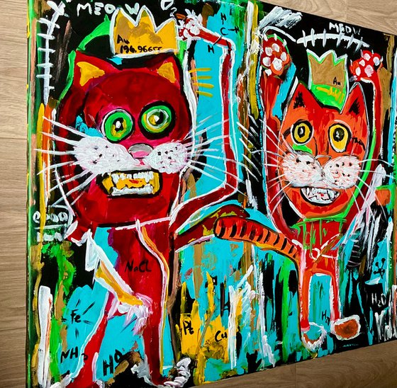 Cats kings alchemists friends in style of famous painting by Jean-Michel Basquiat.