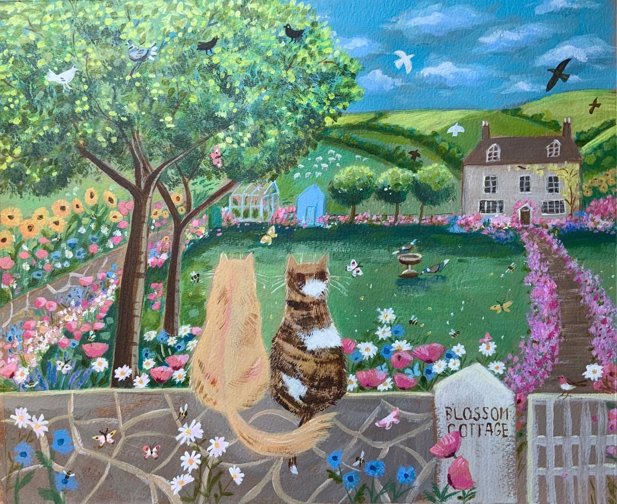 Illustrative Landscape Acrylic Painting By Mary Stubberfield, 13 X 12", Blossom Cottage Summer, Original Artwork