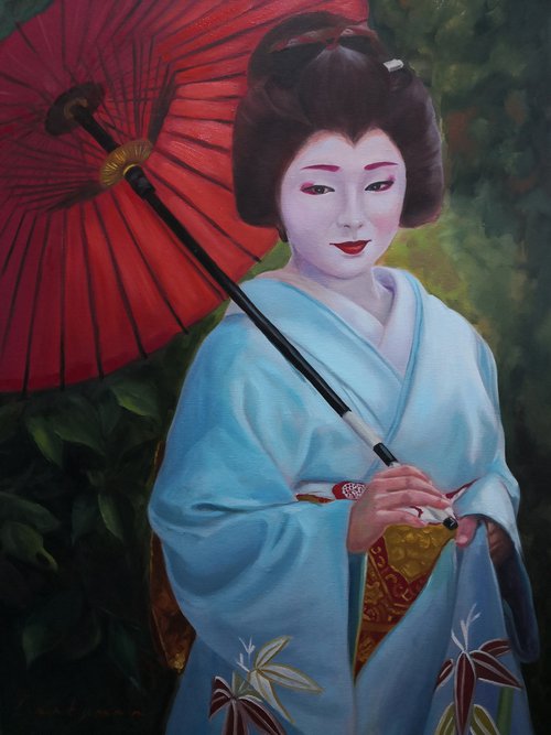 Geisha in kimono with red umbrella, portrait number 10 by Jane Lantsman